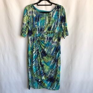 Connected blue/green abstract print wrap dress